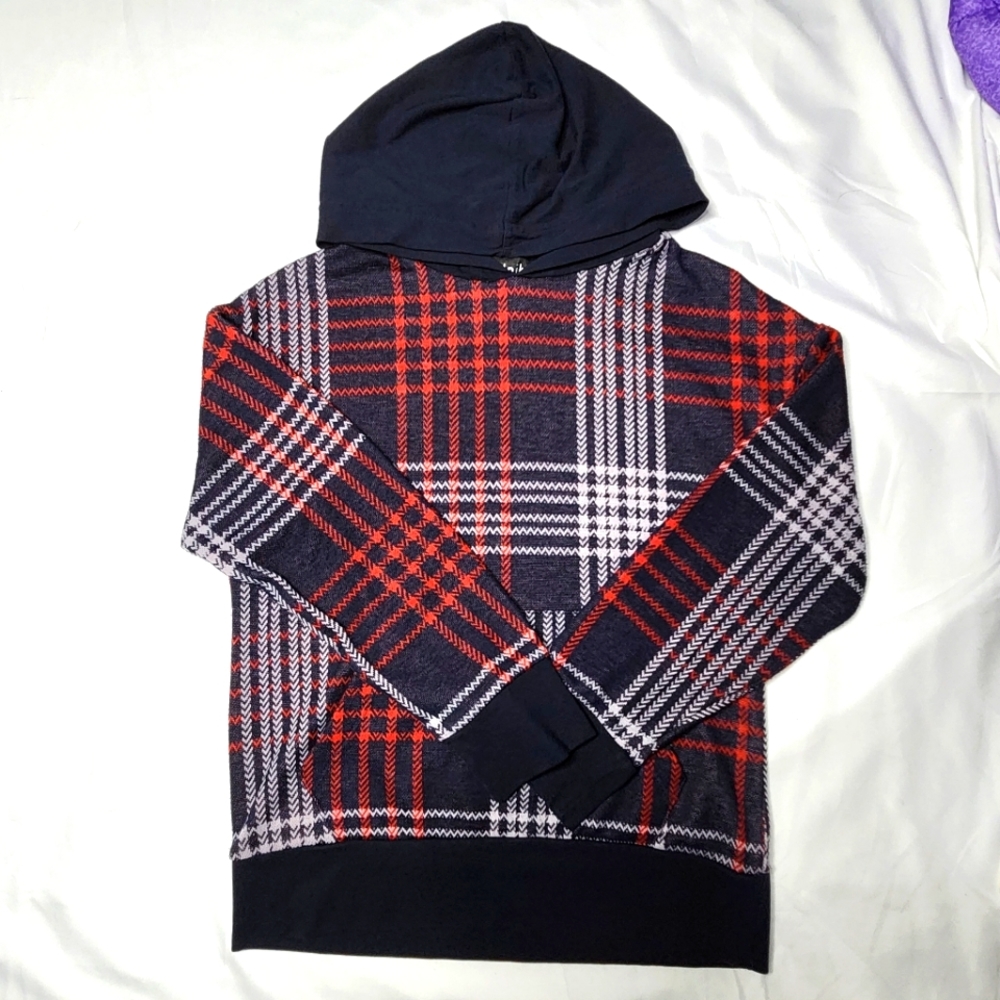 Kidpik Long Sleeve Black Jacquard Plaid Knit Hoodie | Boys Size S 7/8